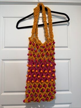 Urban Outfitters Crochet Beaded Shoulder Bag in Mustard Yellow and Hot Pink